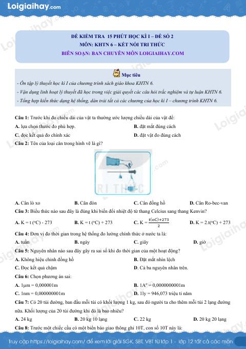 Đề kiểm tra 15 phút hk1 - đề số 2 Khoa học tự nhiên 6 có lời giải chi tiết